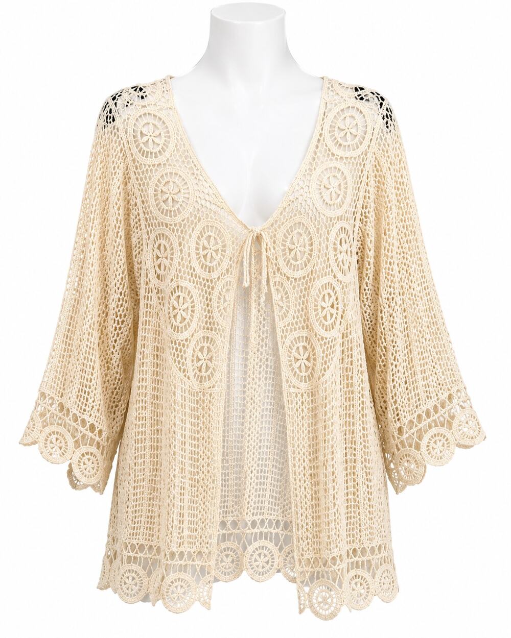 Cato Woman Ivory Crochet Lace Open Front Cardigan Boho Festival Kimono Cover Up